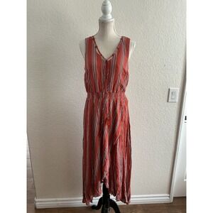 Truly Me TMJ Maxi Dress Medium Rust‎ Orange Striped High Low Boho Tassel V-Neck